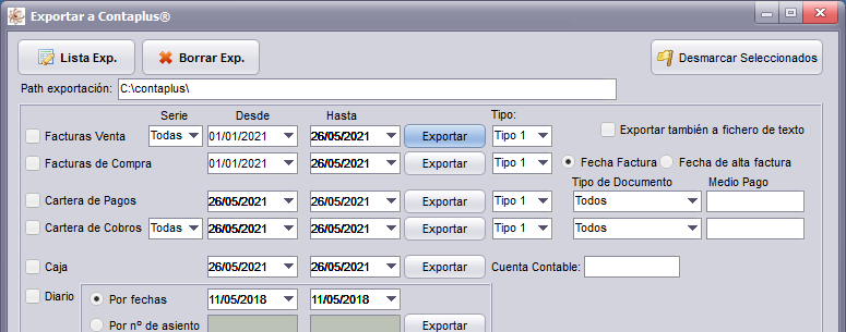 Ventana Exportar a Contaplus de GestFuturo Talleres: bloques de facturas de venta y compra, cartera de pagos y cobros, caja y diario, cada uno con su serie, rango de fechas, tipo y botón de exportar, con la opción de exportar también a fichero de texto y los botones de lista de exportación y desmarcar seleccionados.