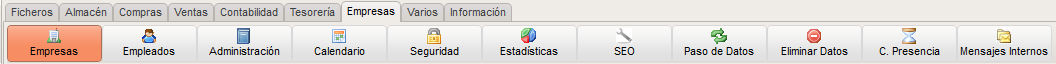 Barra de la pestaña Empresas de GestFuturo con los botones Empresas, Empleados, Administración, Calendario, Seguridad, Estadísticas, SEO, Paso de Datos, Eliminar Datos, Control de Presencia y Mensajes Internos.