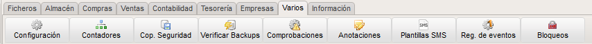 Barra de la pestaña Varios de GestFuturo con los botones Configuración, Contadores, Copia de Seguridad, Verificar Backups, Comprobaciones, Anotaciones, Plantillas SMS, Registro de eventos y Bloqueos.