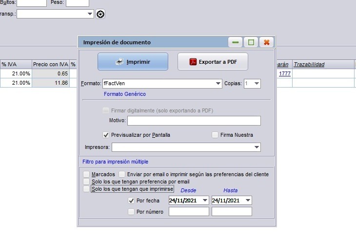 Menu de impresión en el software de gestión de Futuro Informática