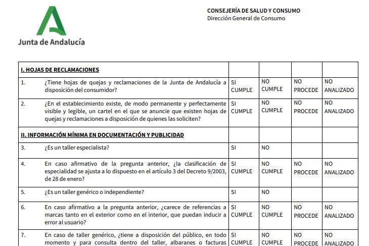 Verificaciones de las inspecciones de consumo a los talleres de automoción