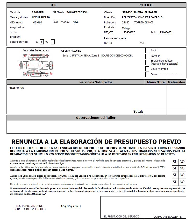 Creación y emisión del reguardo de deposito en GestFuturo programa para taller